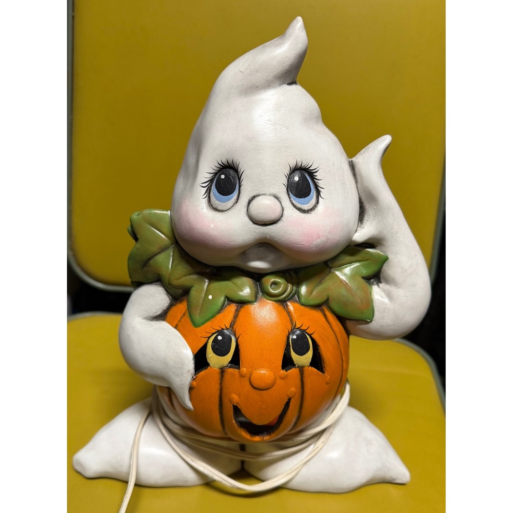 Vintage Ceramic Halloween Ghost Lamp Pumpkin Jack O Lantern Light Decor Retro